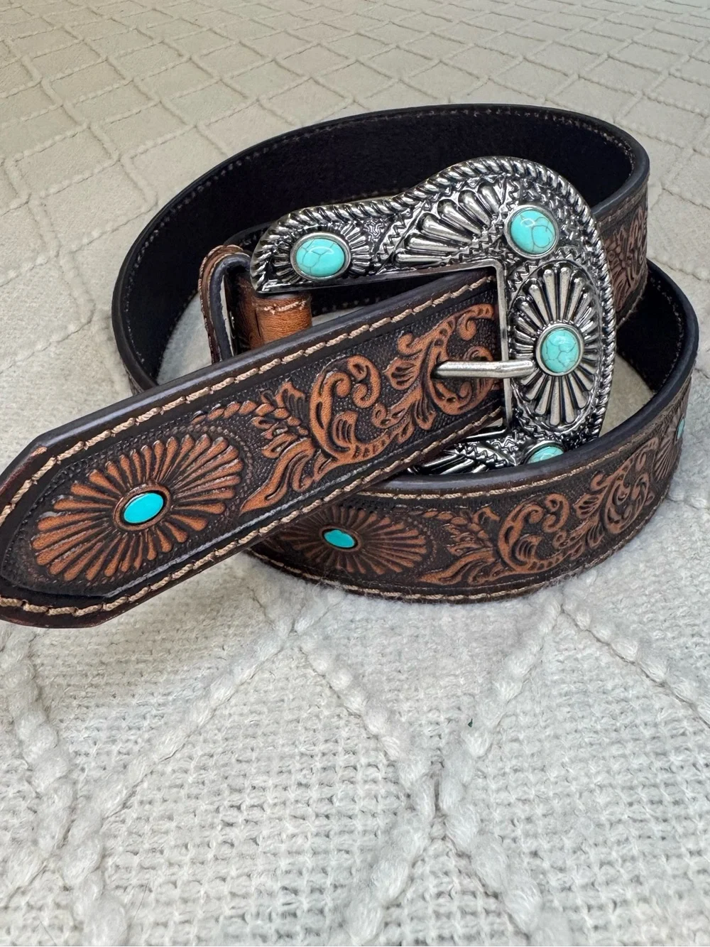 Nocona N3412002 Western Belt L 38 Brown Tooled Leather Turquoise